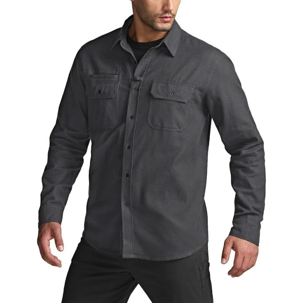 🆕Mens Solid Charcoal Cotton Flannel Shirt Long Sleeve Casual Outdoor Plaid